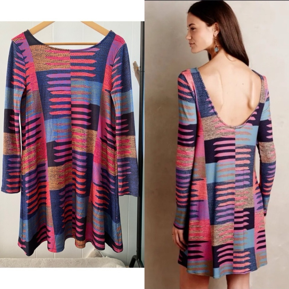 Mara Hoffman Long Sleeve Pink Connector Print Dress Scoop Back Swing Dots Art